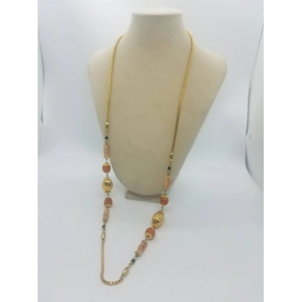 Vintage gold box chain and bead necklace‎